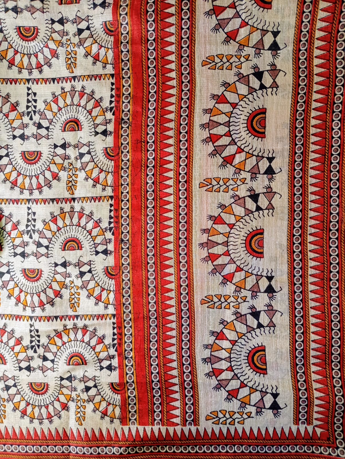Silk Warli art Dupatta with Red border