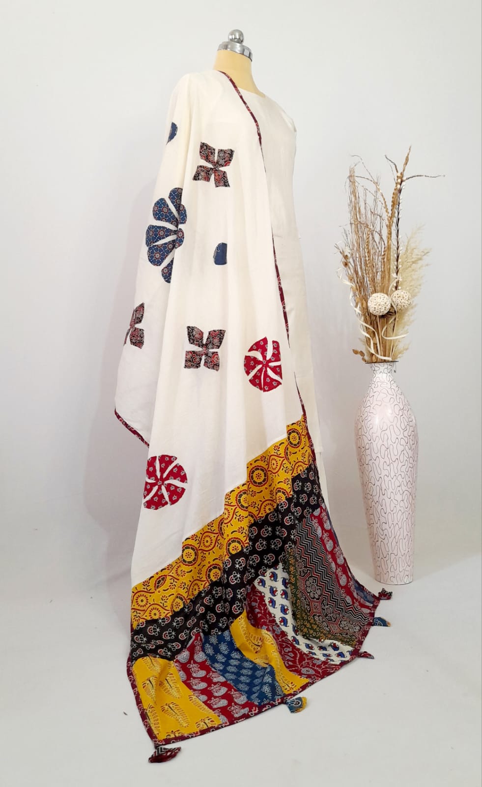 Applique Patch work White Cotton Dupatta