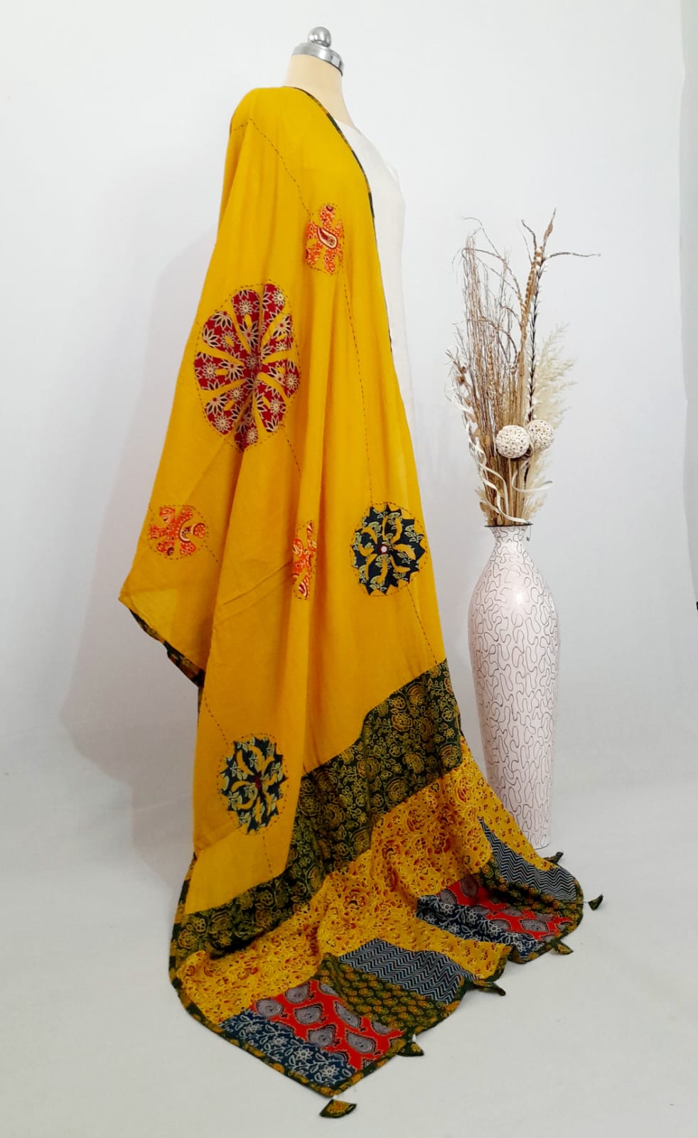 Applique Patch work Ochre Yellow Cotton Dupatta
