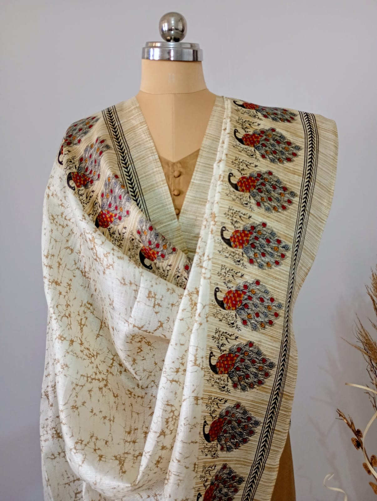 Silk Cream Dupatta with Red peacock border