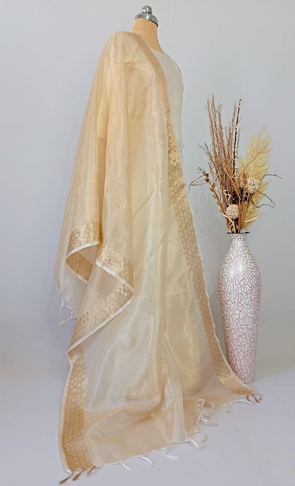 Tissue Golden plain Dupatta with Zari border