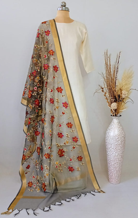 Organza Grey Kashidakari Dupatta