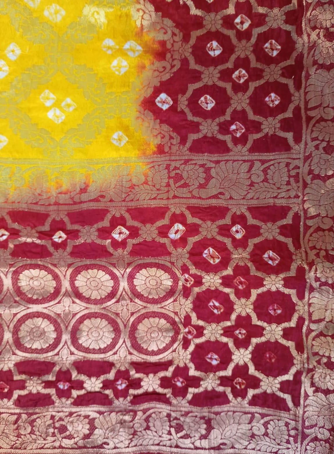 Pure Silk Gharchola Dupatta in Yellow and Mahroon
