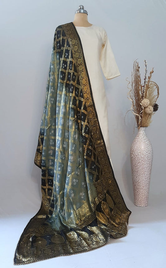 Pure Silk Gharchola Dupatta in Grey and Black