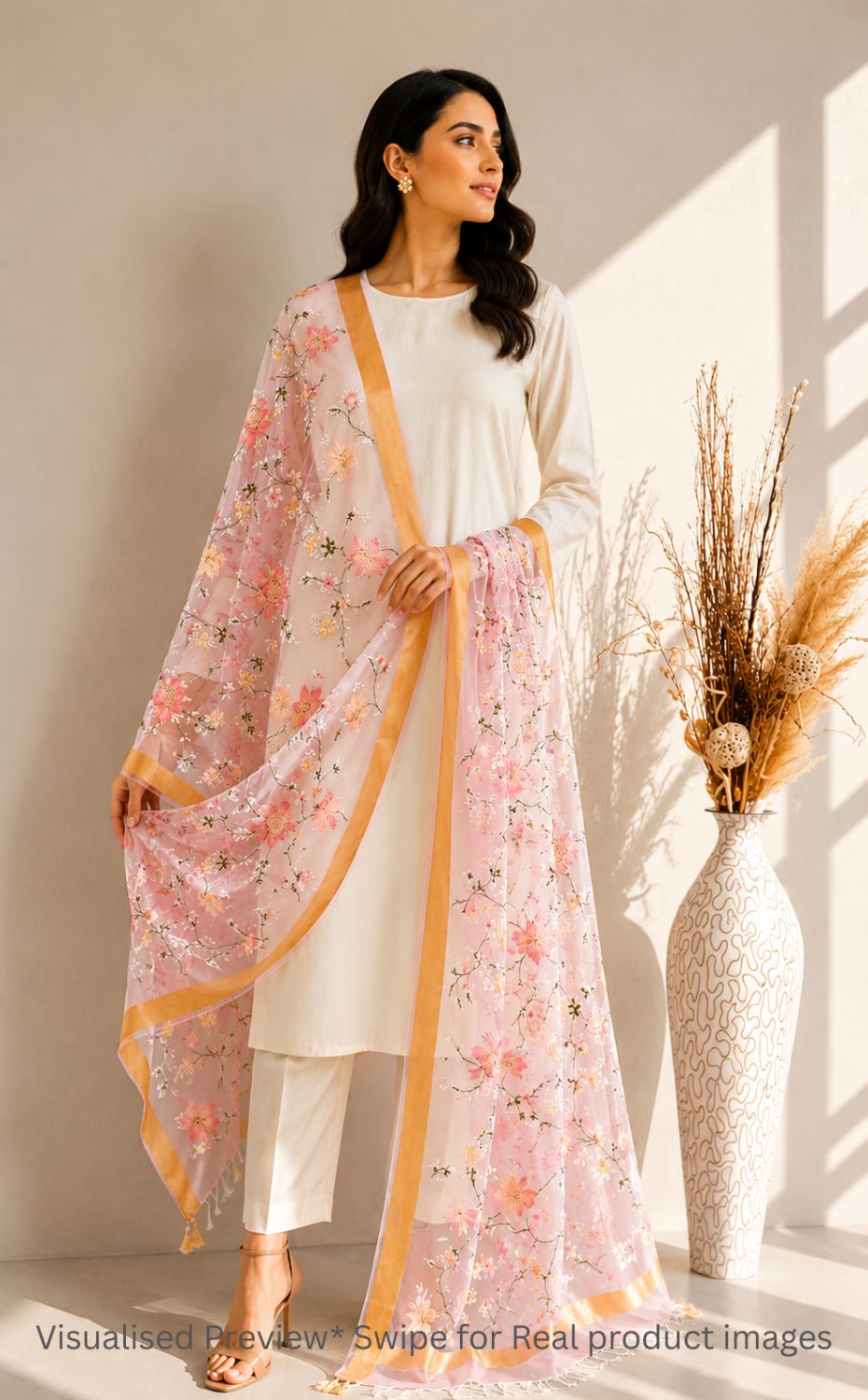 Organza Soft Pink Kashidakari Dupatta
