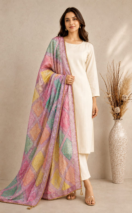 Organza Multicolor Sequins work Dupatta