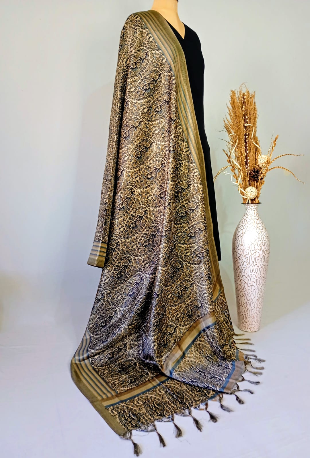 Silk Dupatta with paisley design in Grey & Black