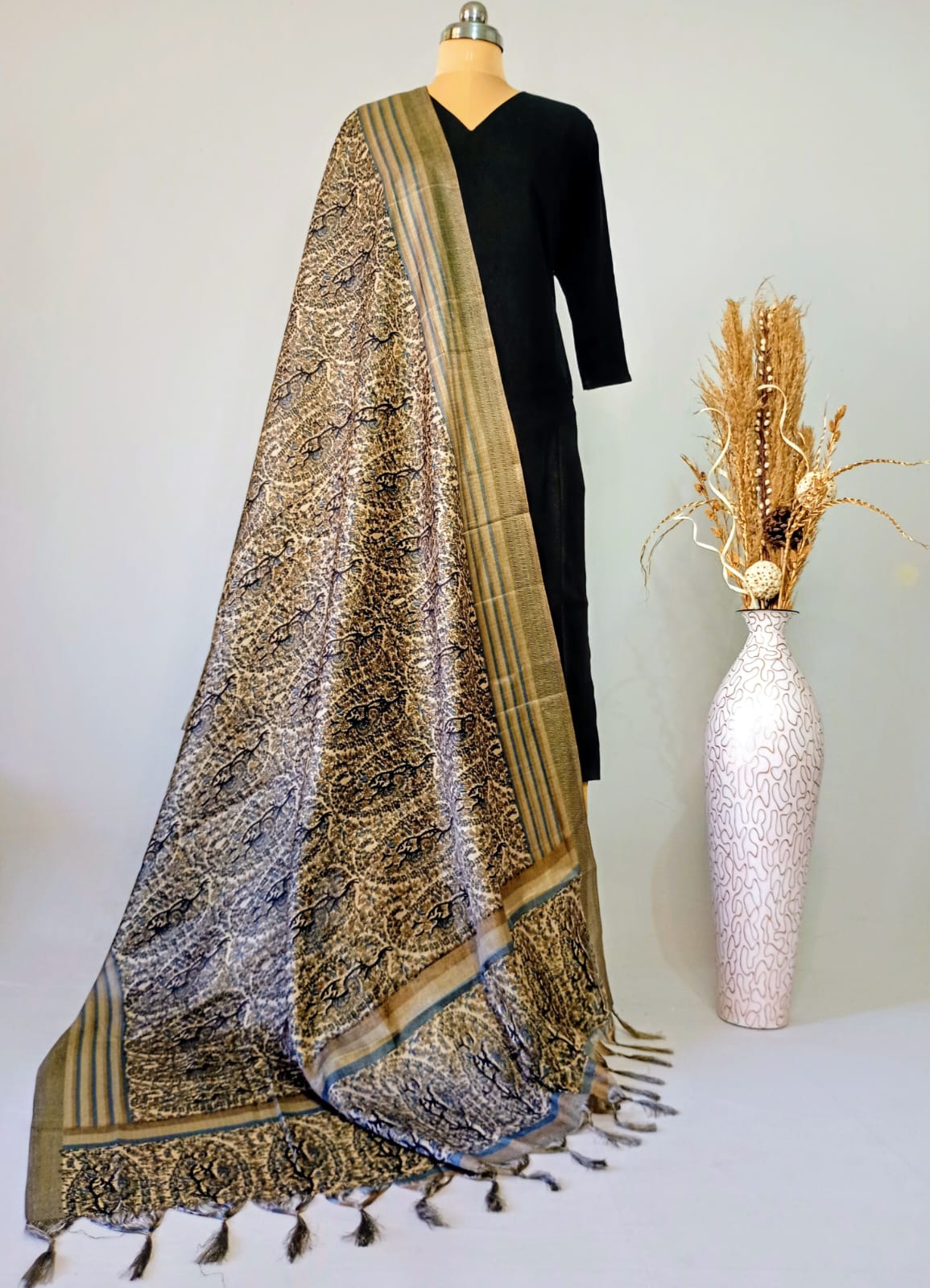 Silk Dupatta with paisley design in Grey & Black