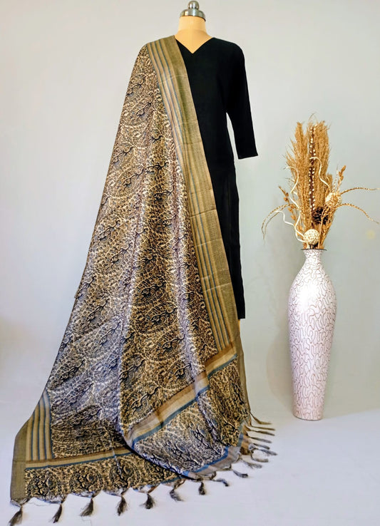 Silk Dupatta with paisley design in Grey & Black
