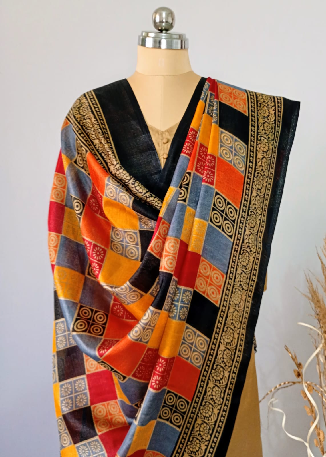 Silk Checkered Printed dupatta with border