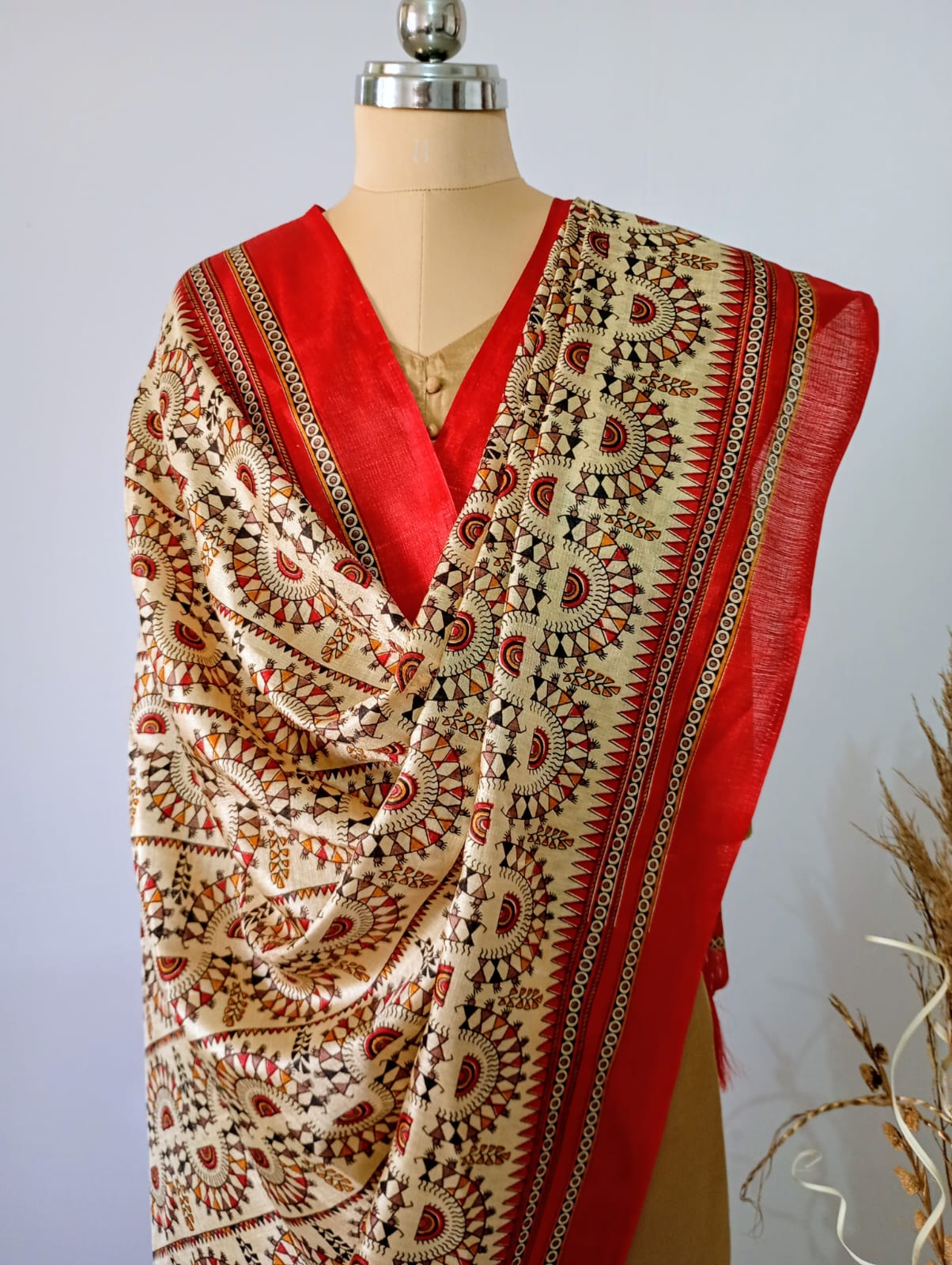 Silk Warli art Dupatta with Red border