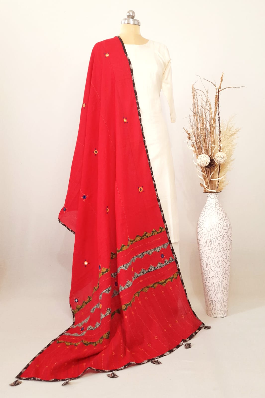 Applique Patch work Poster Red Cotton Dupatta