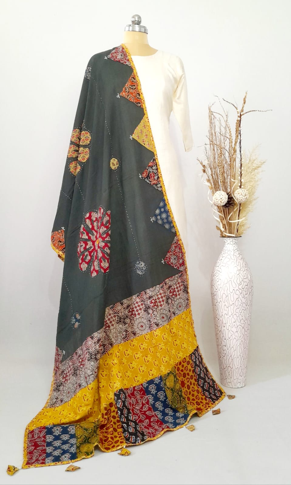 Applique Patch work Olive Green Cotton Dupatta