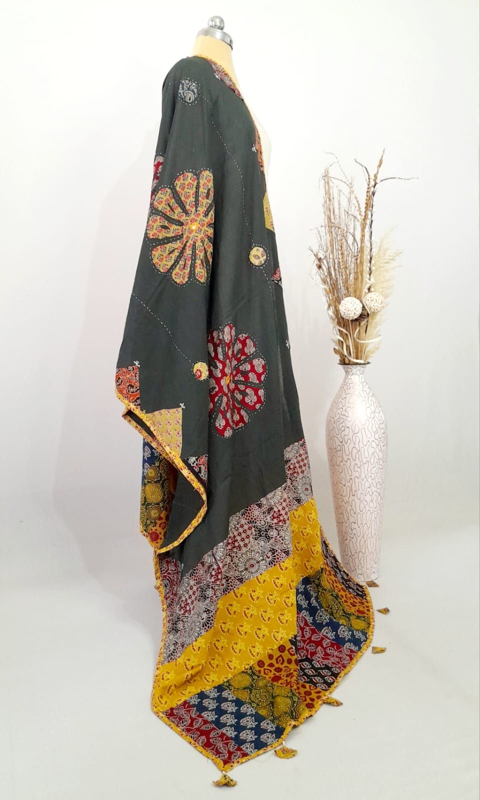 Applique Patch work Olive Green Cotton Dupatta