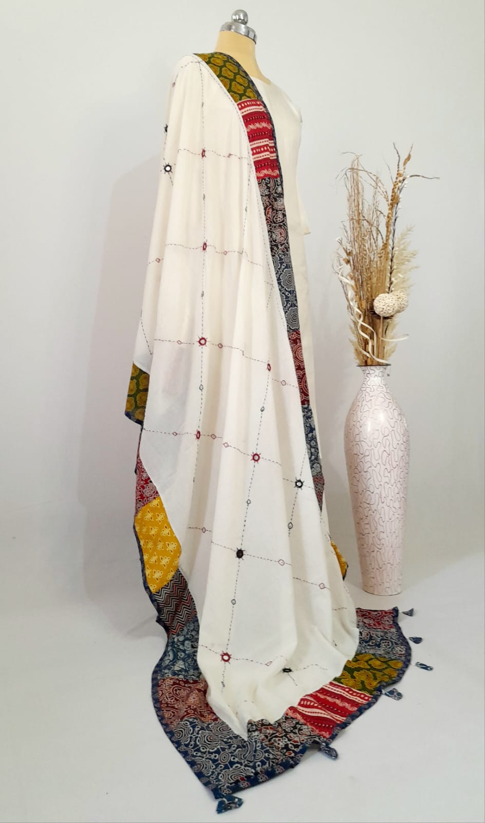 Applique Patch work border White Cotton Dupatta