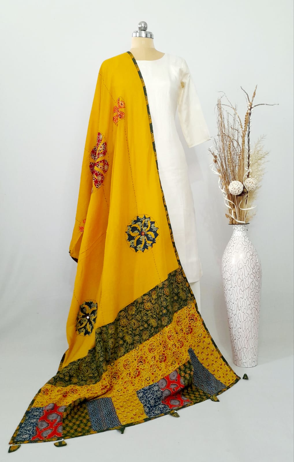 Applique Patch work Ochre Yellow Cotton Dupatta