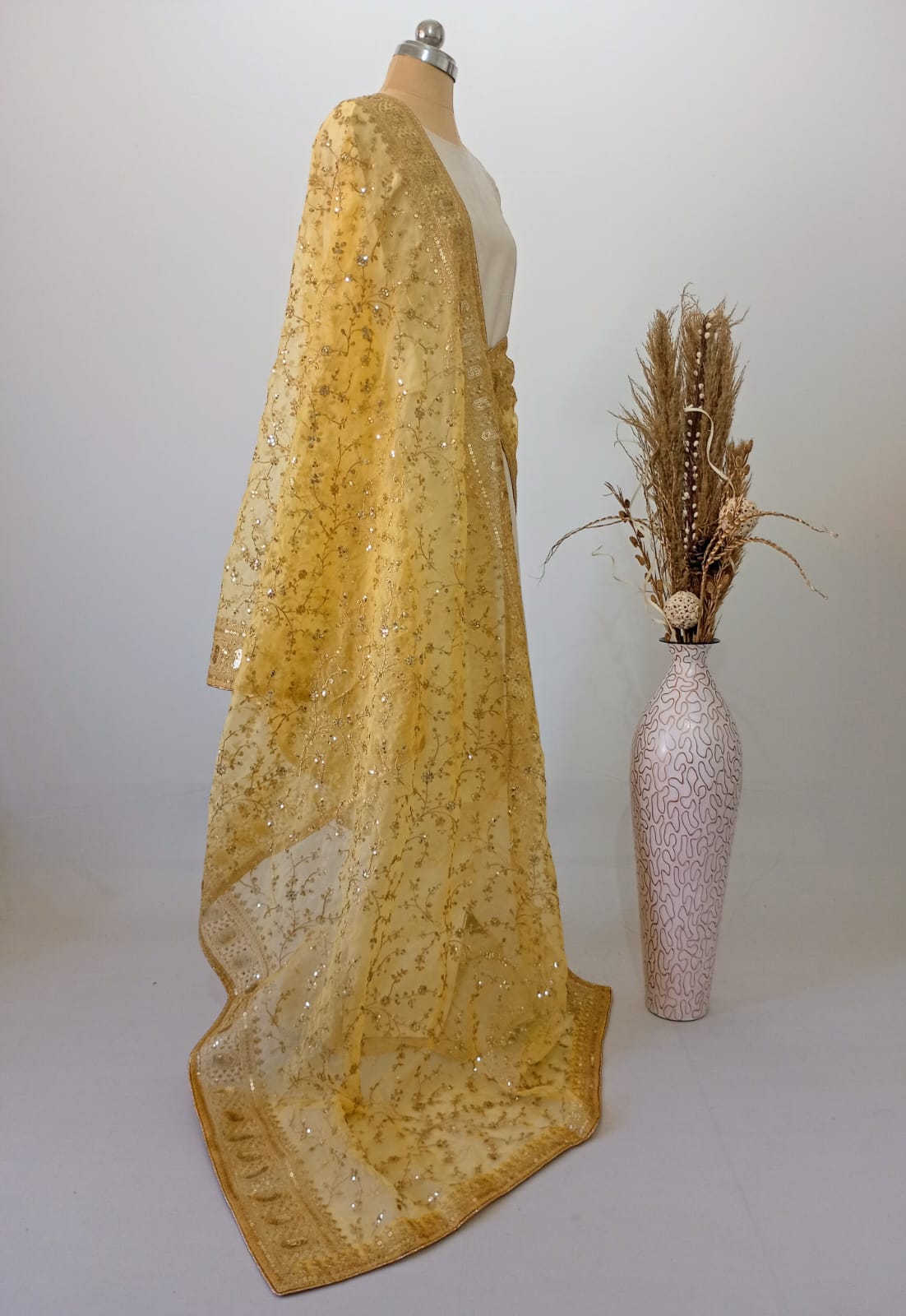 Organza Golden Yellow Dupatta with Zari & Sequin work