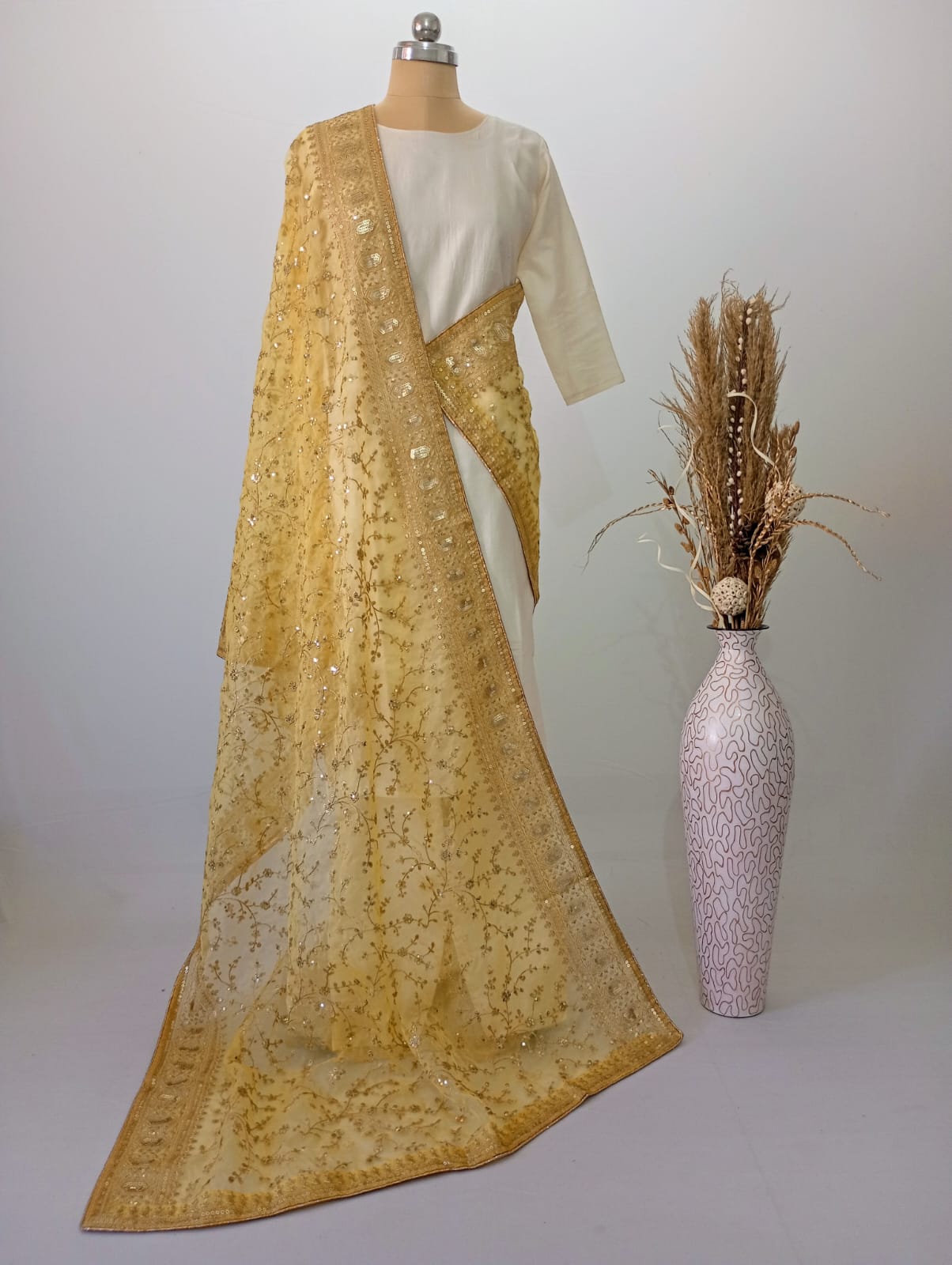 Organza Golden Yellow Dupatta with Zari & Sequin work