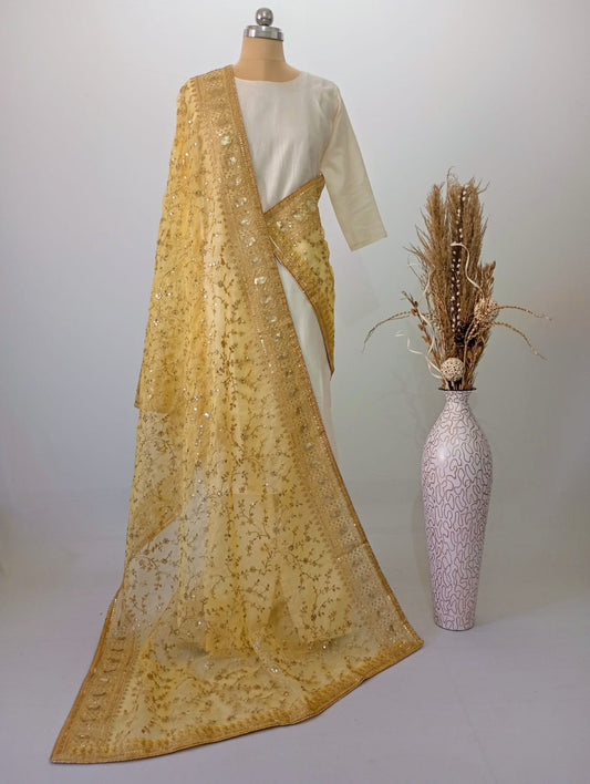 Organza Golden Yellow Dupatta with Zari & Sequin work