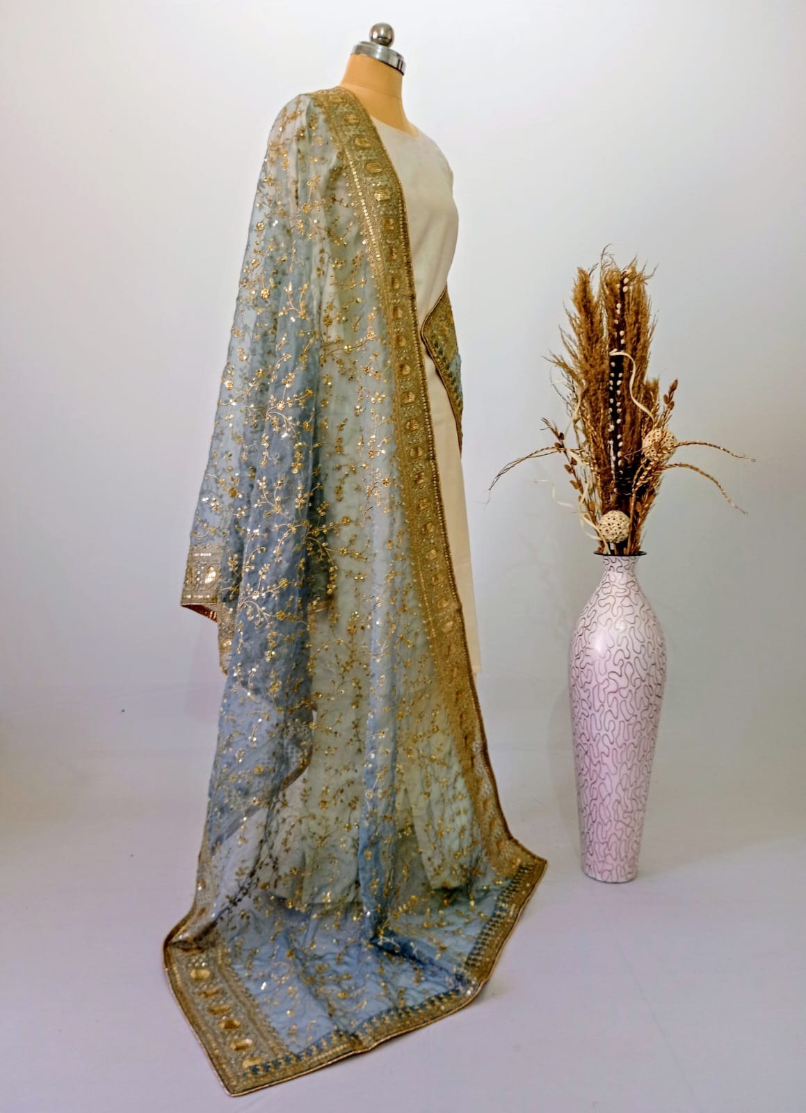 Organza Grey Dupatta with Zari & Sequin work