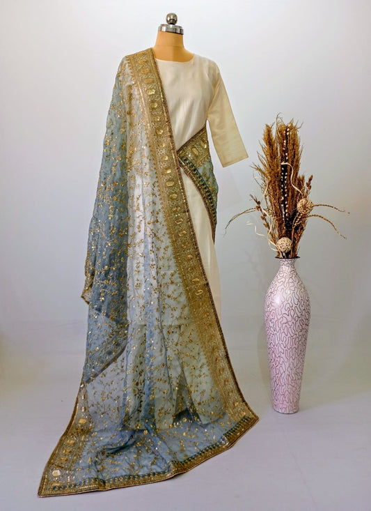 Organza Grey Dupatta with Zari & Sequin work