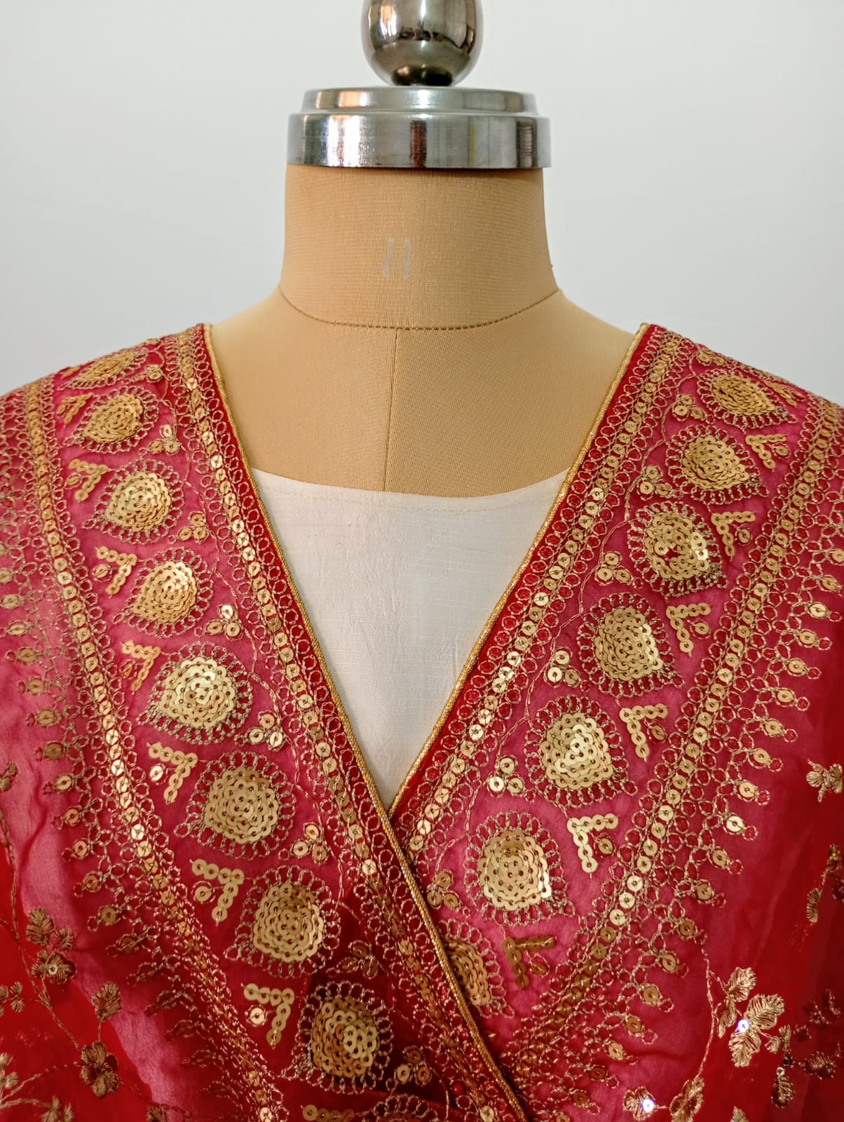 Organza Crimson Red Dupatta with Zari & Sequin work