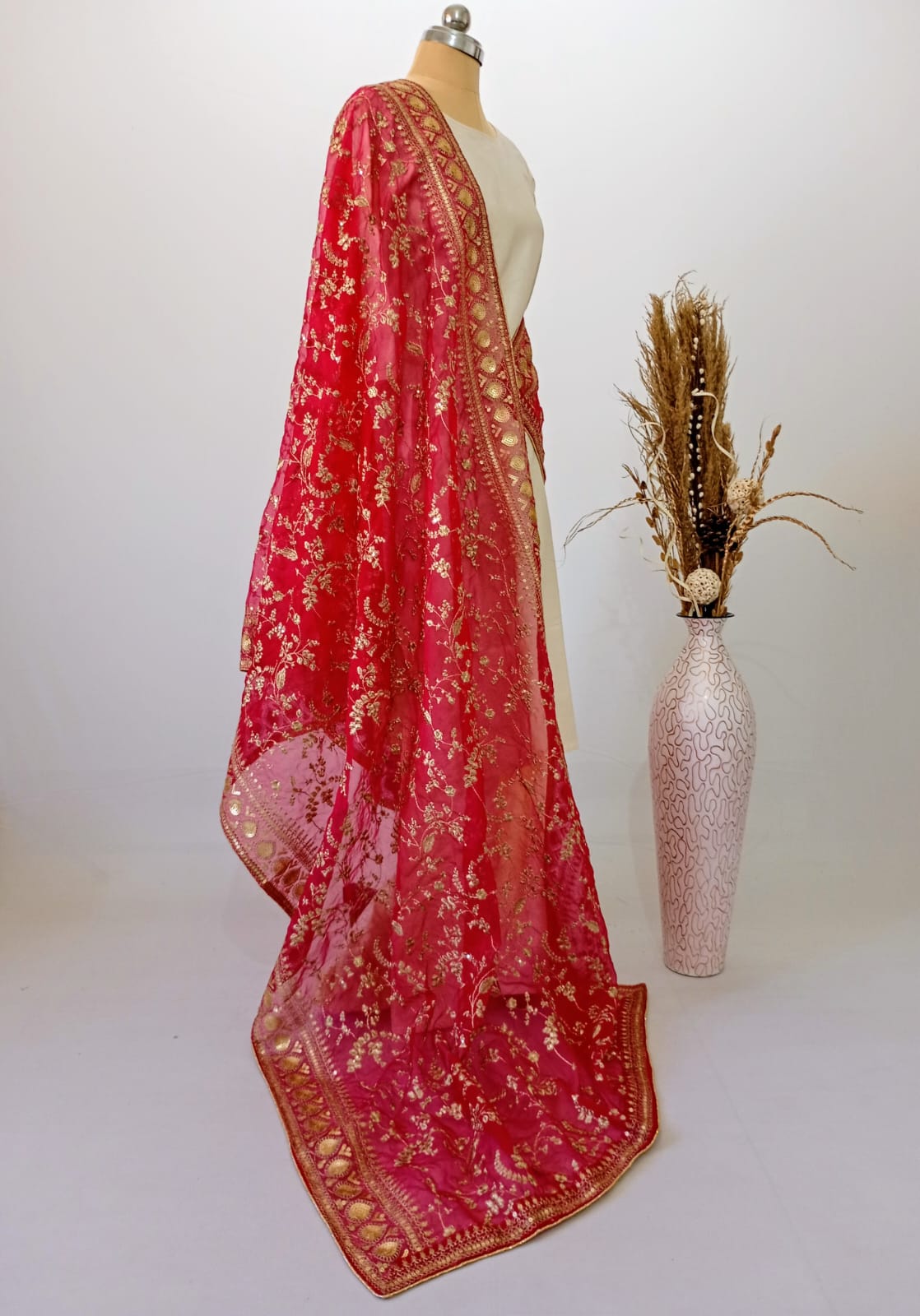 Organza Crimson Red Dupatta with Zari & Sequin work