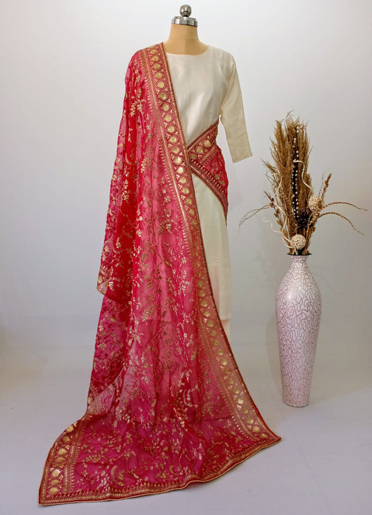 Organza Crimson Red Dupatta with Zari & Sequin work