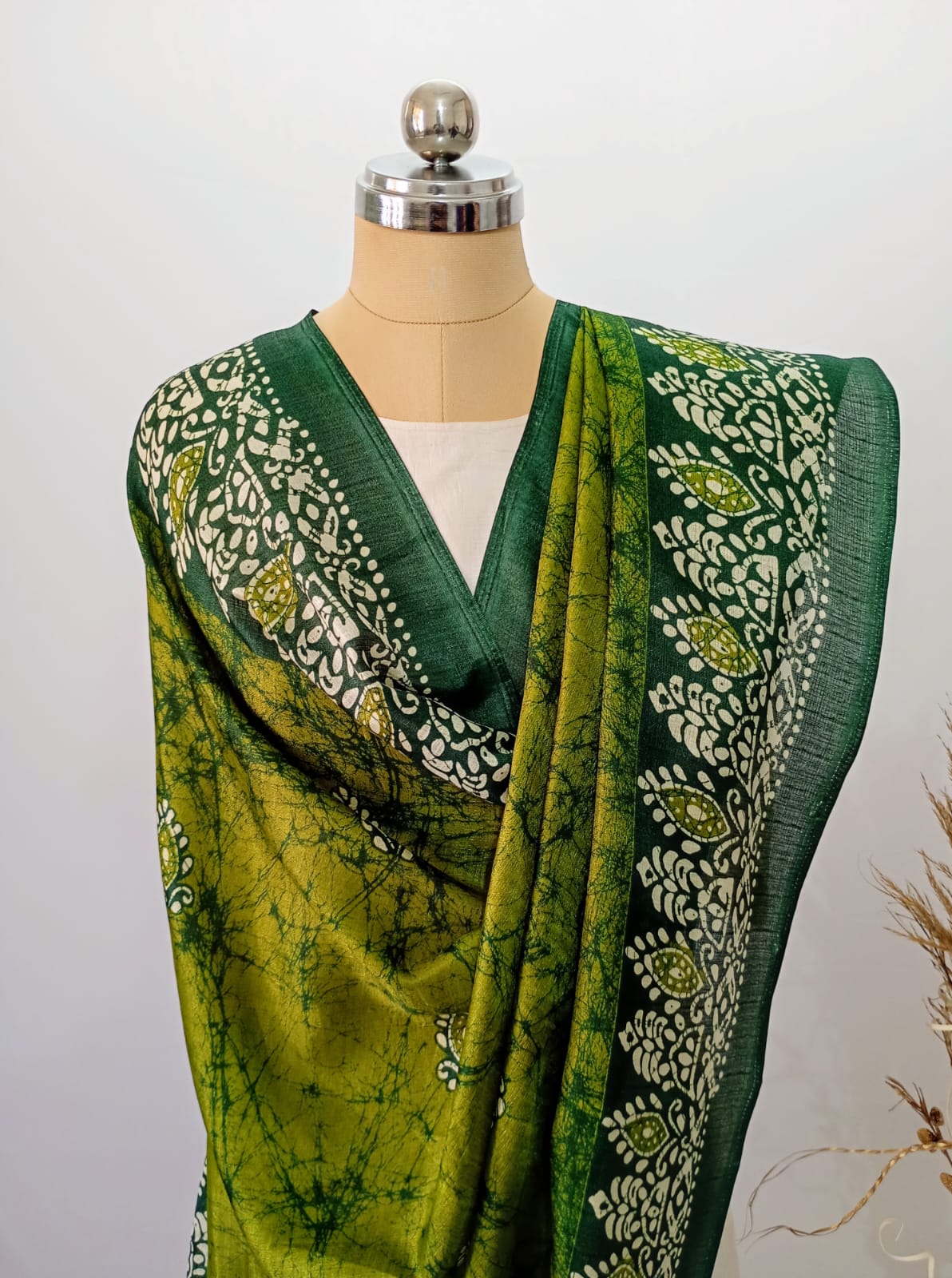 Silk Batik print Olive Green Dupatta