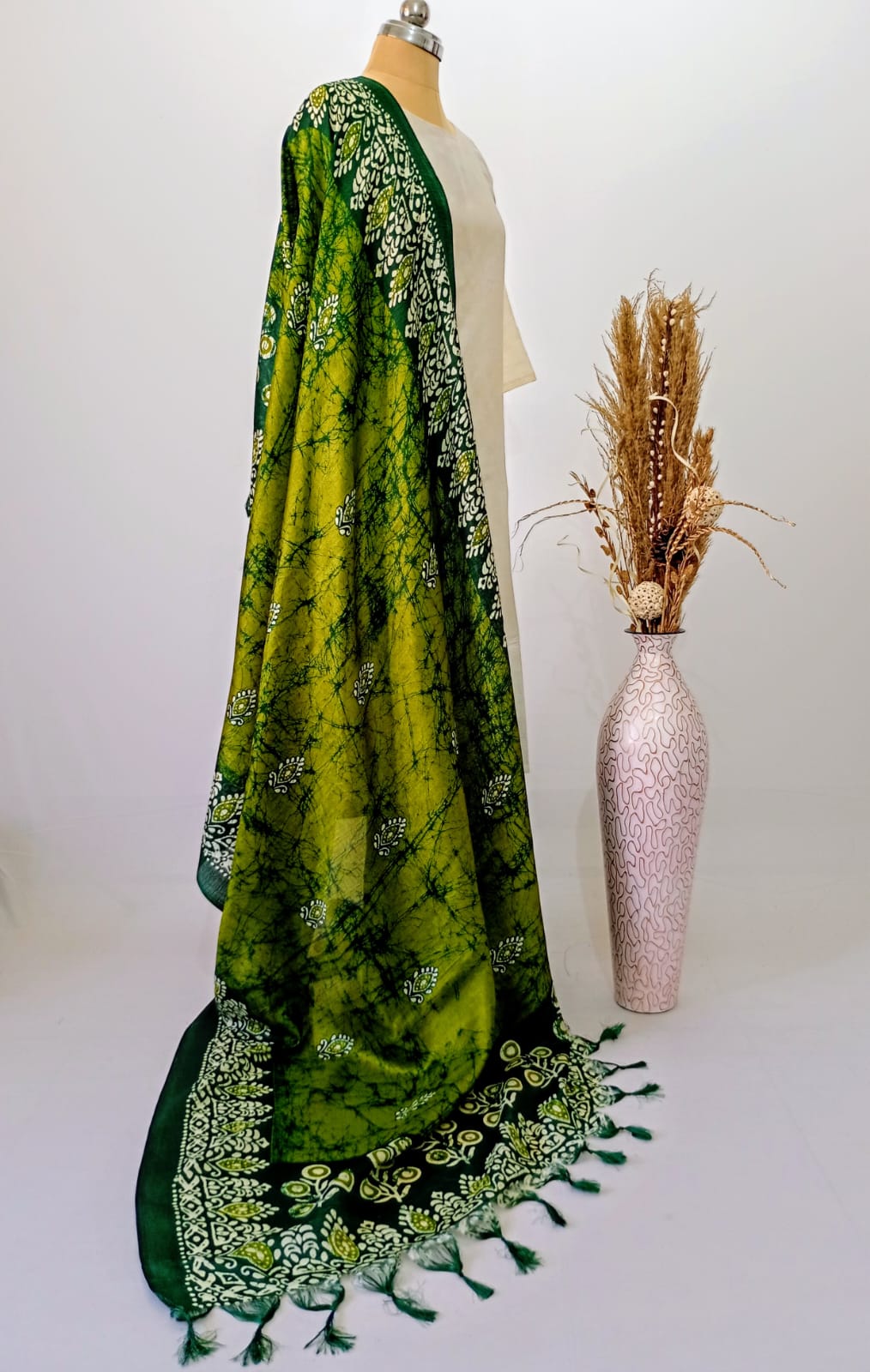 Silk Batik print Olive Green Dupatta