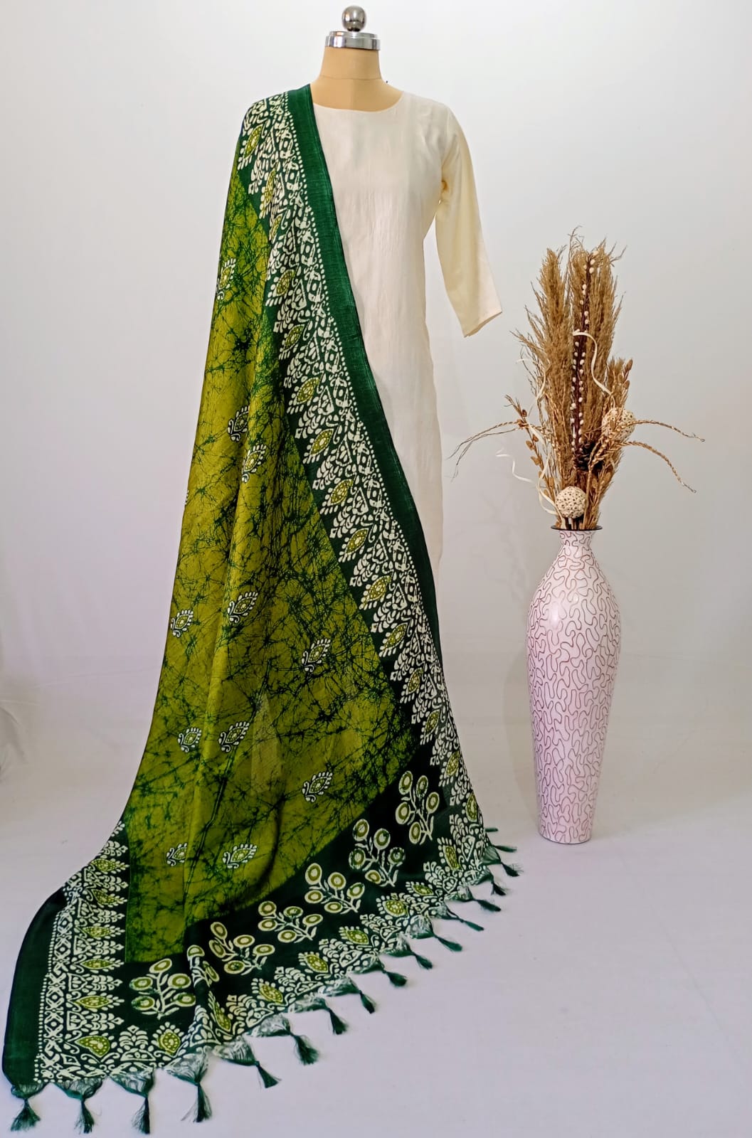 Silk Batik print Olive Green Dupatta