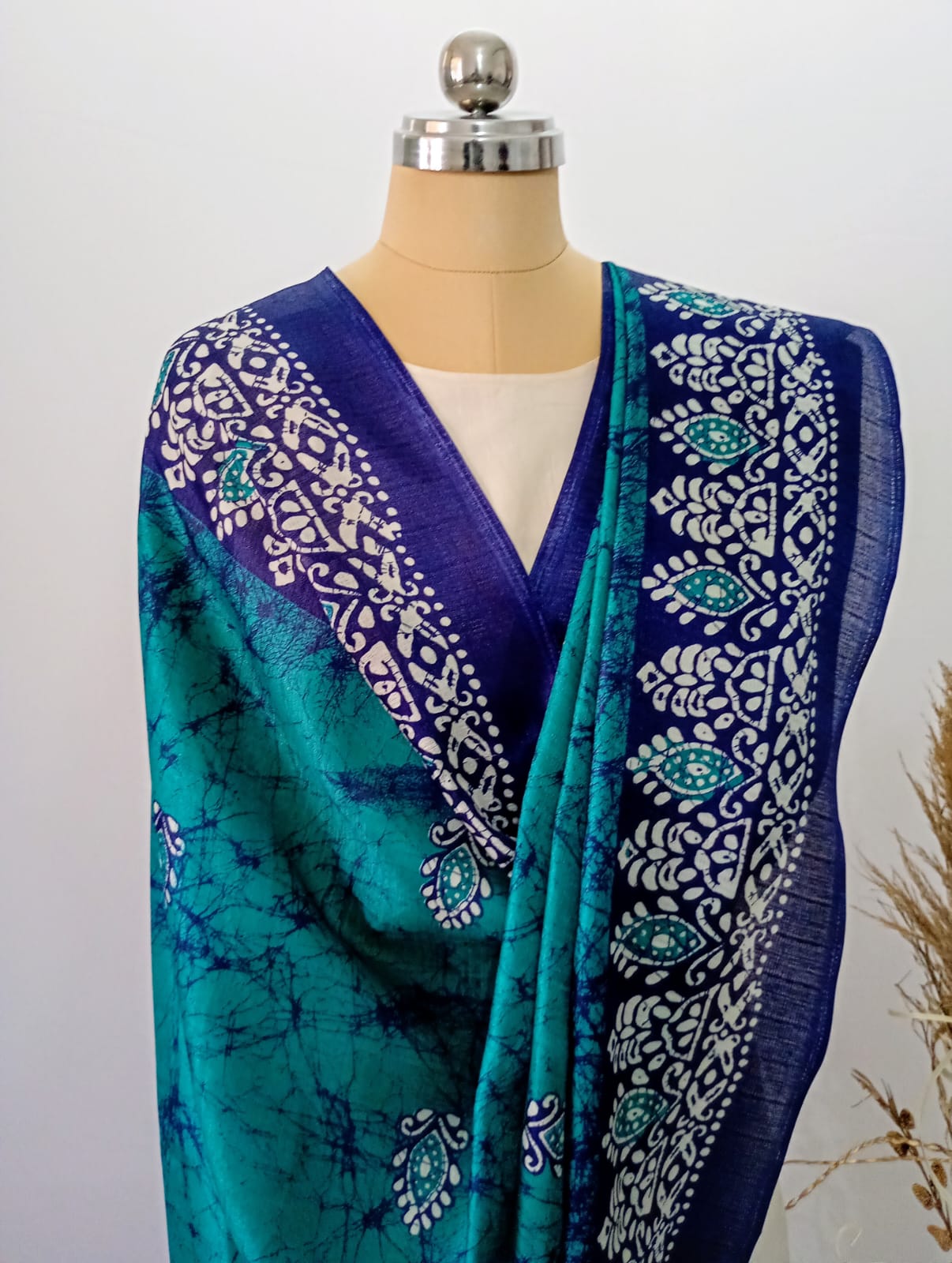 Silk Batik print Teal Dupatta