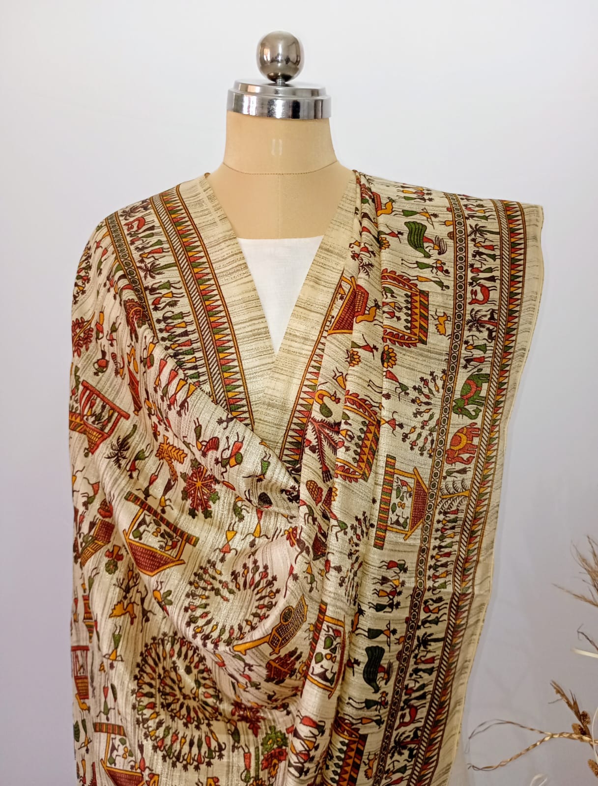 Off-White Warli Art Silk Dupatta