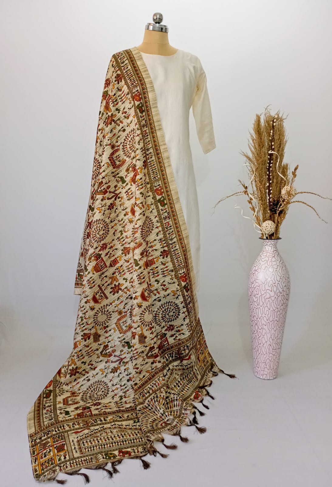 Off-White Warli Art Silk Dupatta
