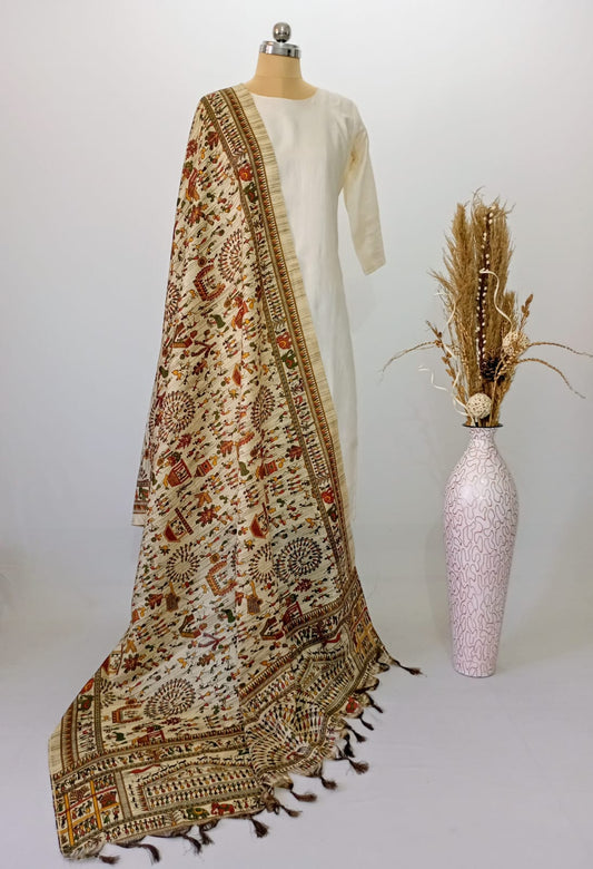 Off-White Warli Art Silk Dupatta