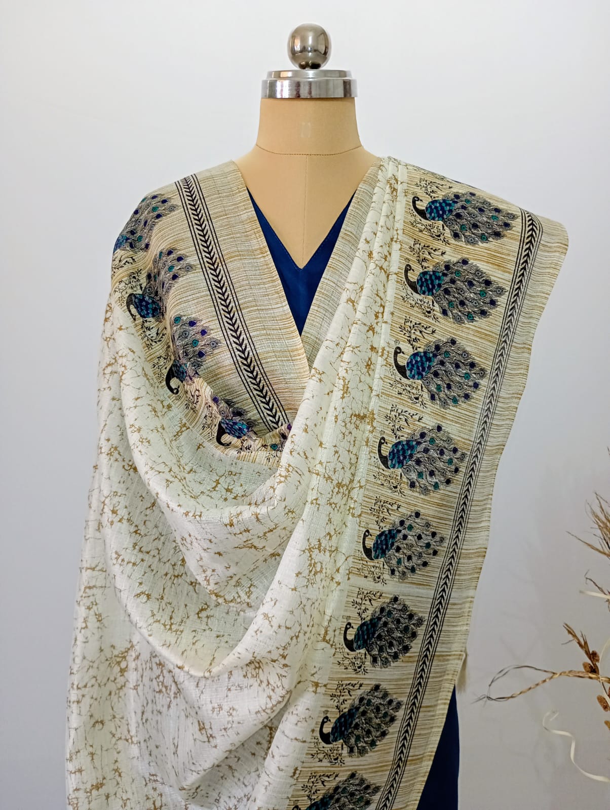 Off-White Silk Dupatta with Blue Peacock border