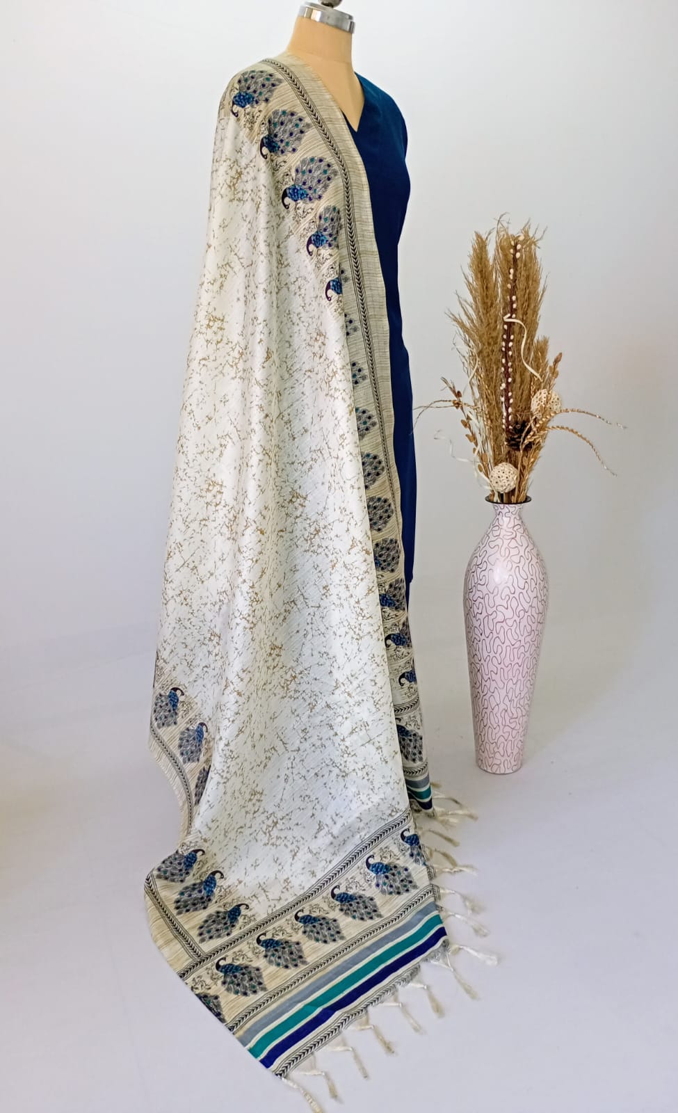 Off-White Silk Dupatta with Blue Peacock border