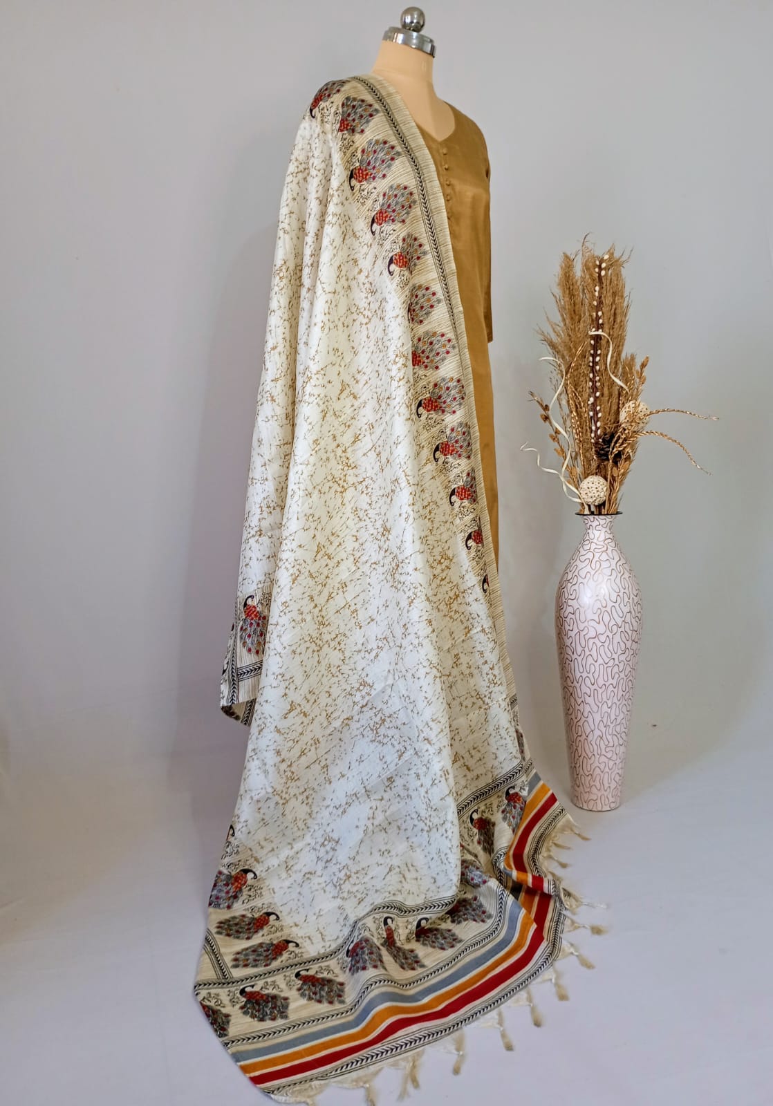 Silk Cream Dupatta with Red peacock border