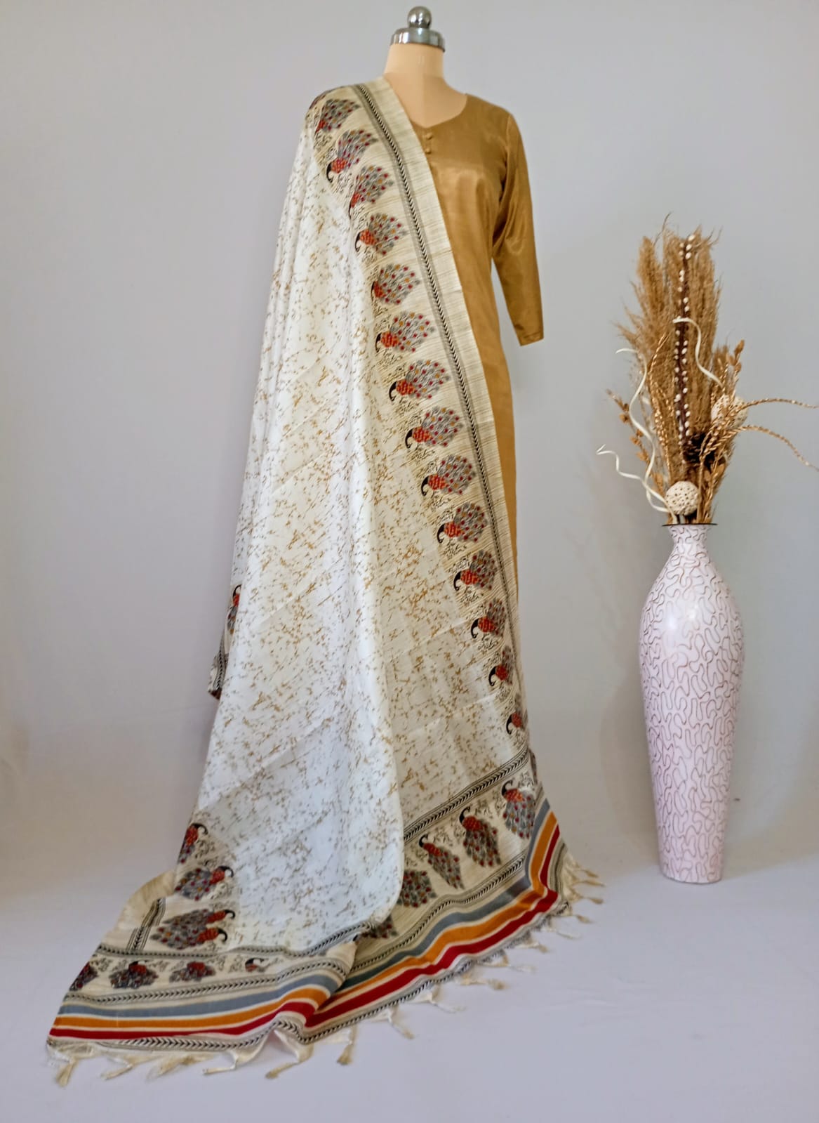 Silk Cream Dupatta with Red peacock border