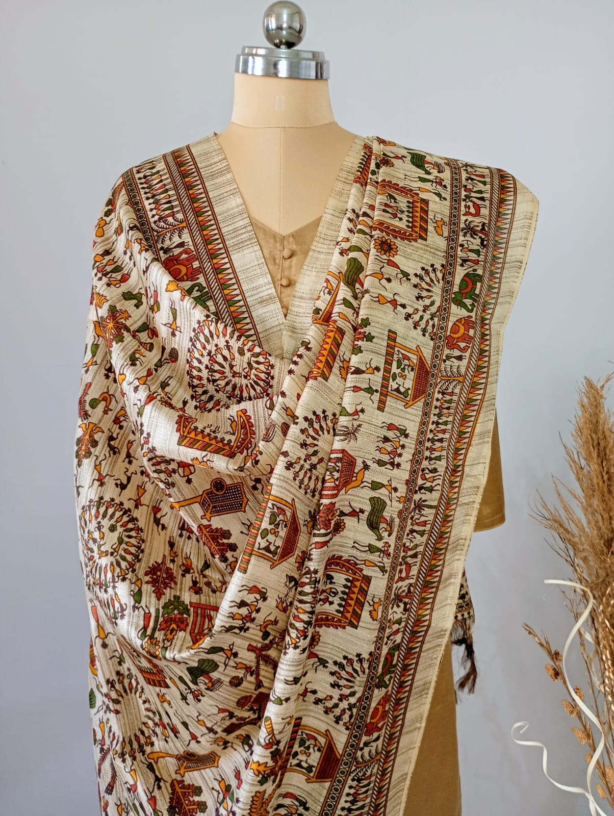 Off-White Warli Art Silk Dupatta