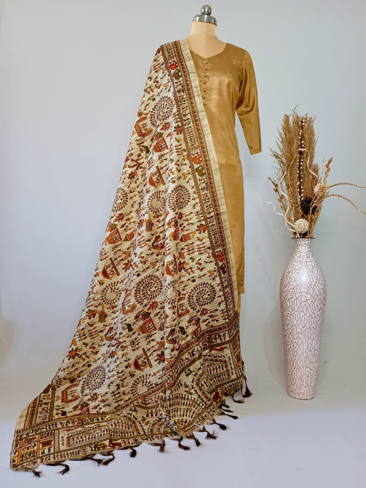 Off-White Warli Art Silk Dupatta