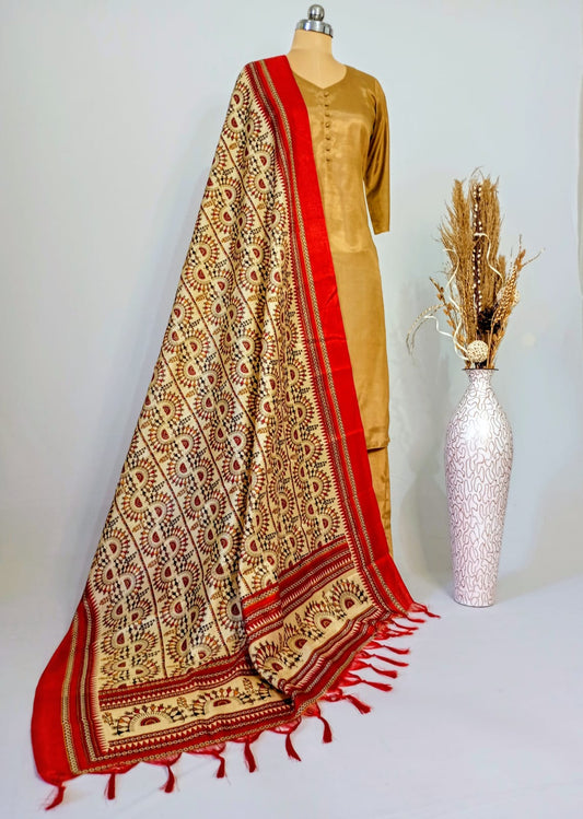 Silk Warli art Dupatta with Red border