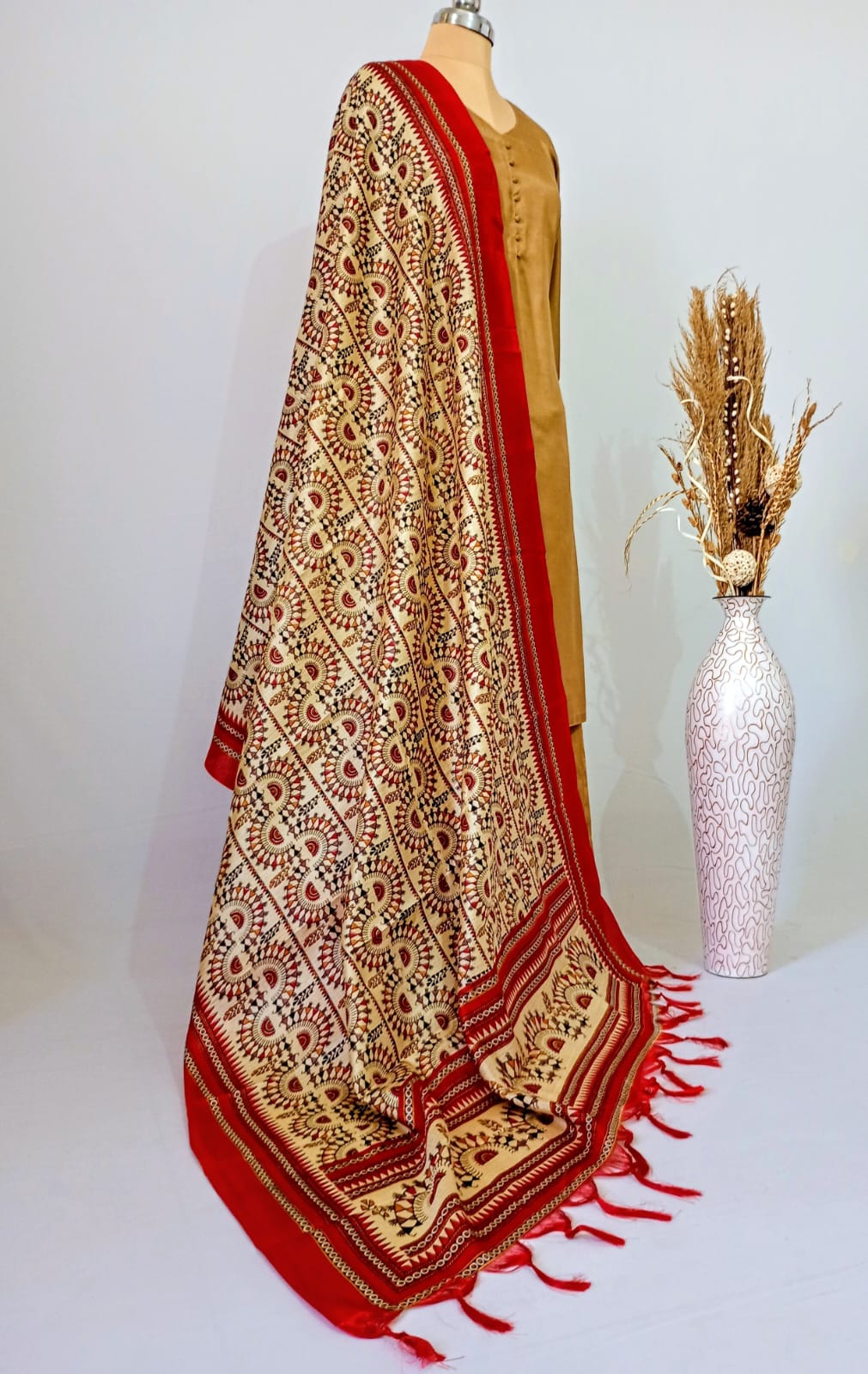 Silk Warli art Dupatta with Red border