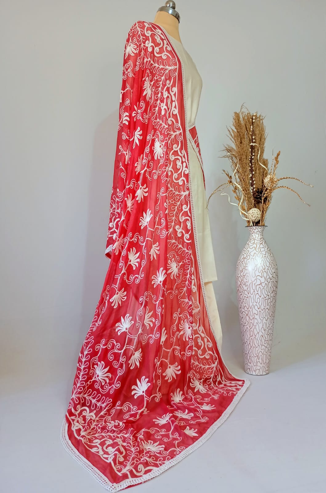 Chiffon Crimson Red Dupatta Karachi work inspired