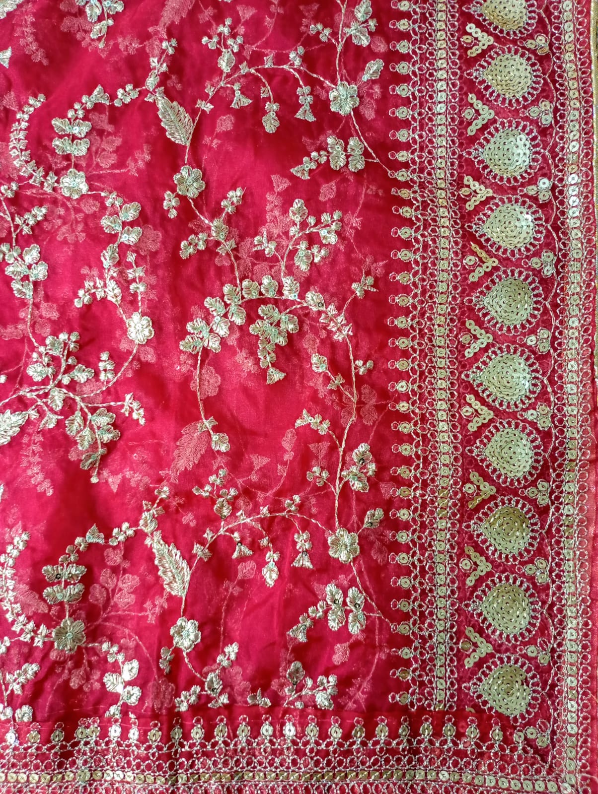 Organza Crimson Red Dupatta with Zari & Sequin work