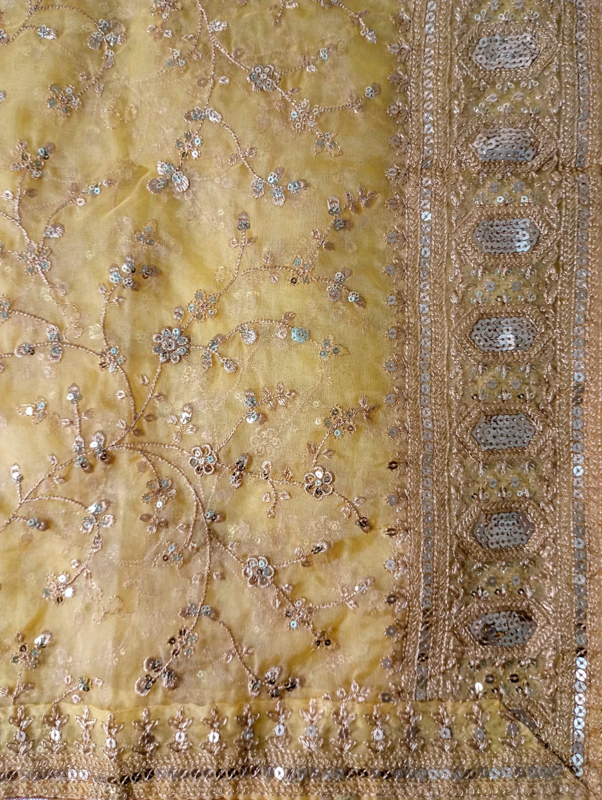 Organza Golden Yellow Dupatta with Zari & Sequin work