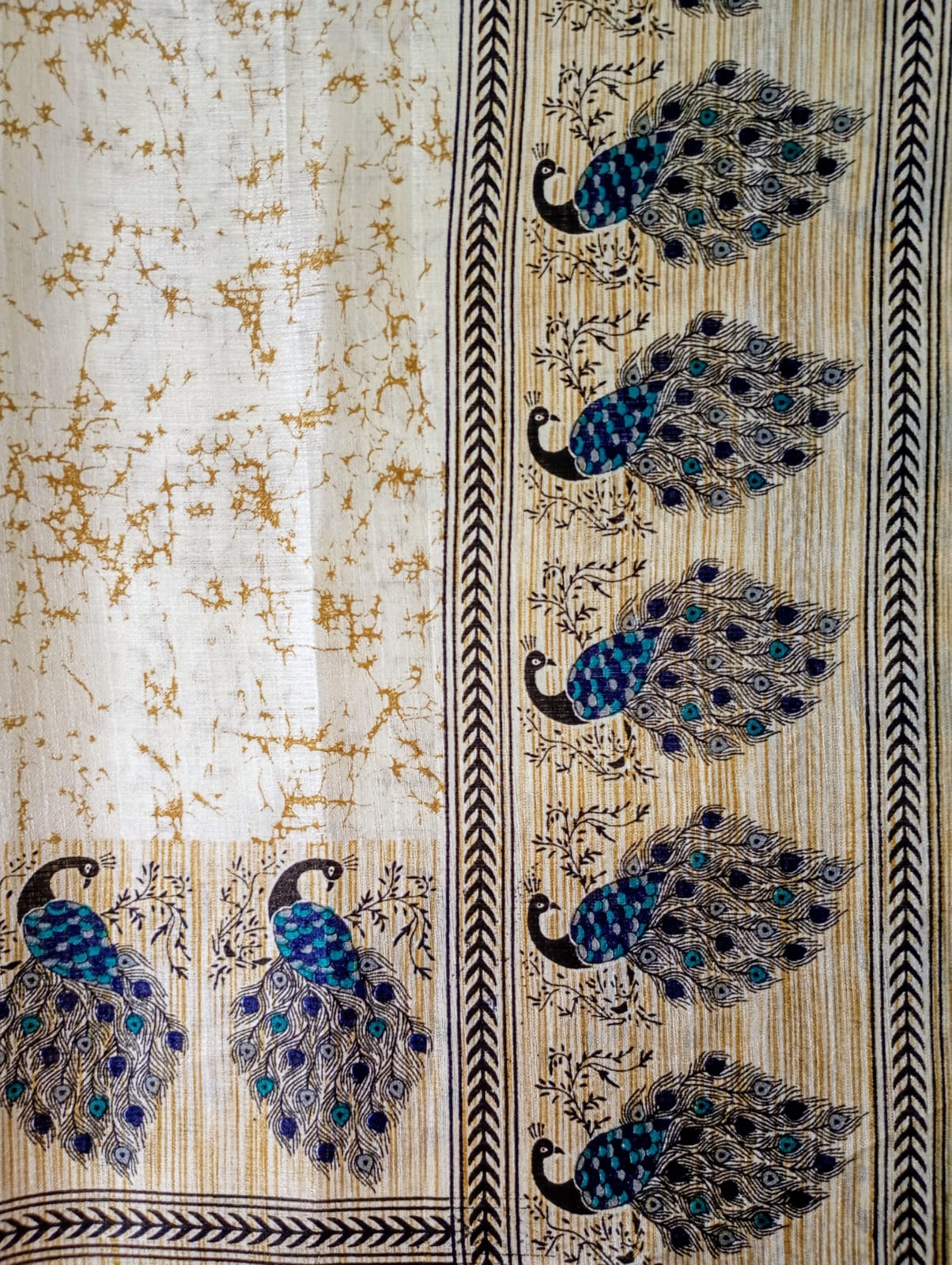Off-White Silk Dupatta with Blue Peacock border