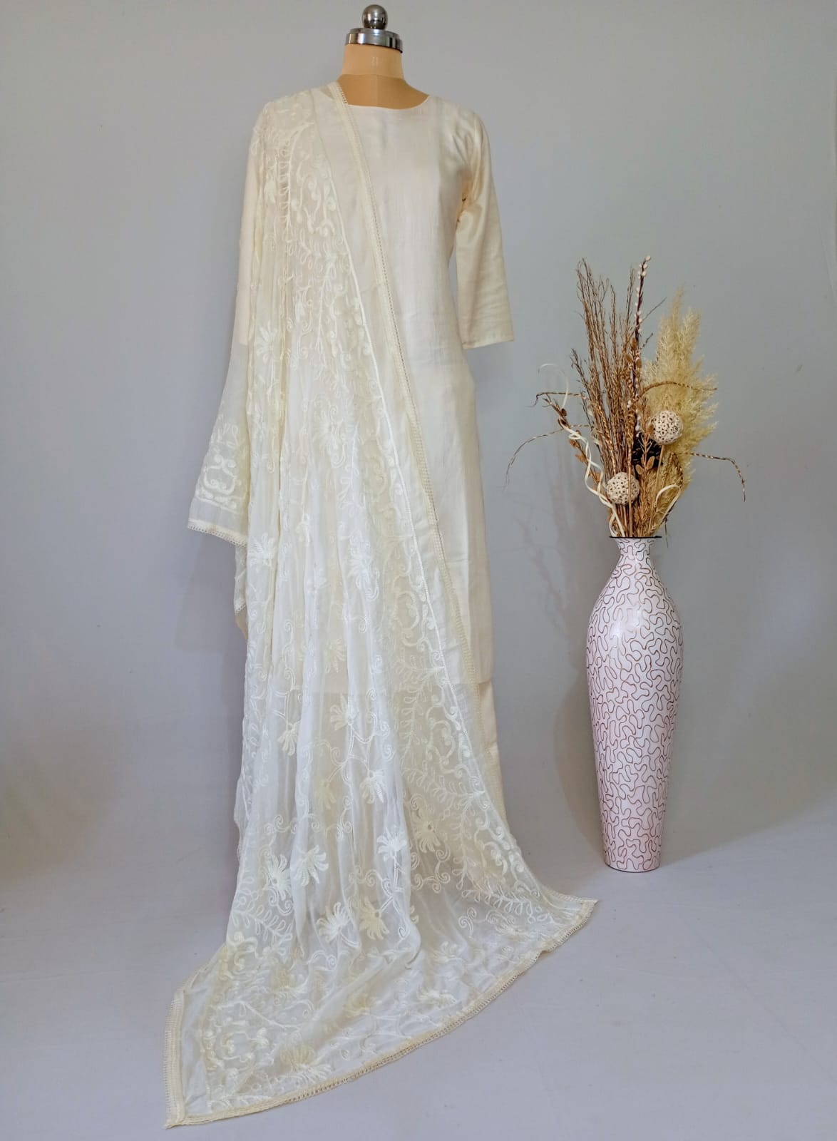 Chiffon Cream Dupatta Karachi work inspired