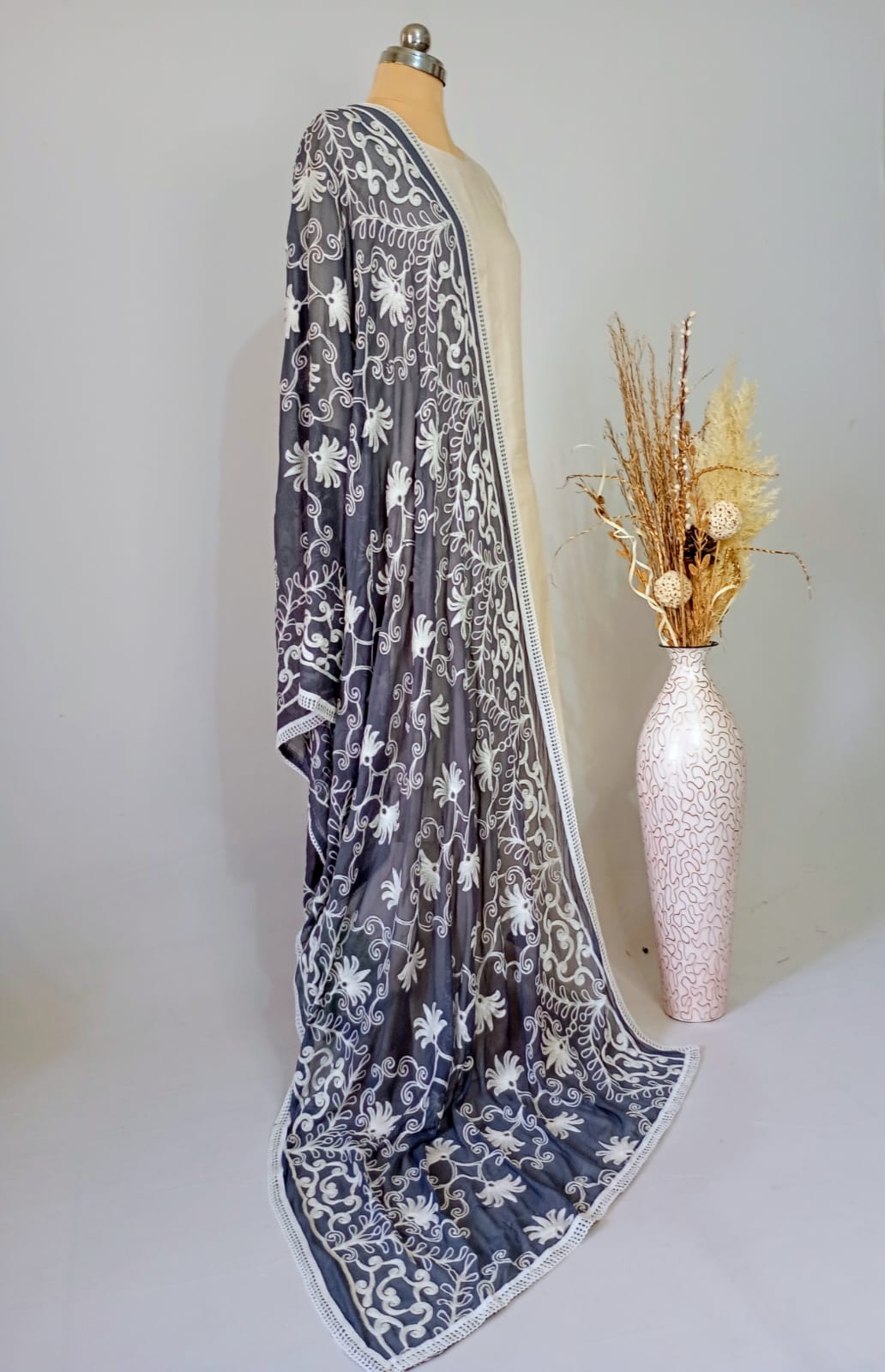 Chiffon Grey Dupatta Karachi work inspired