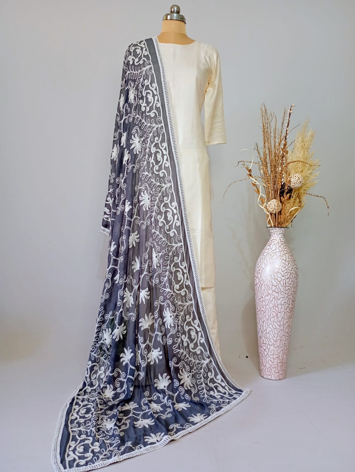 Chiffon Grey Dupatta Karachi work inspired